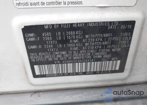 2010 Subaru Outback 2.5I Premium z USA, uszkodzony, nr VIN 4S4BRCGC8A3384587